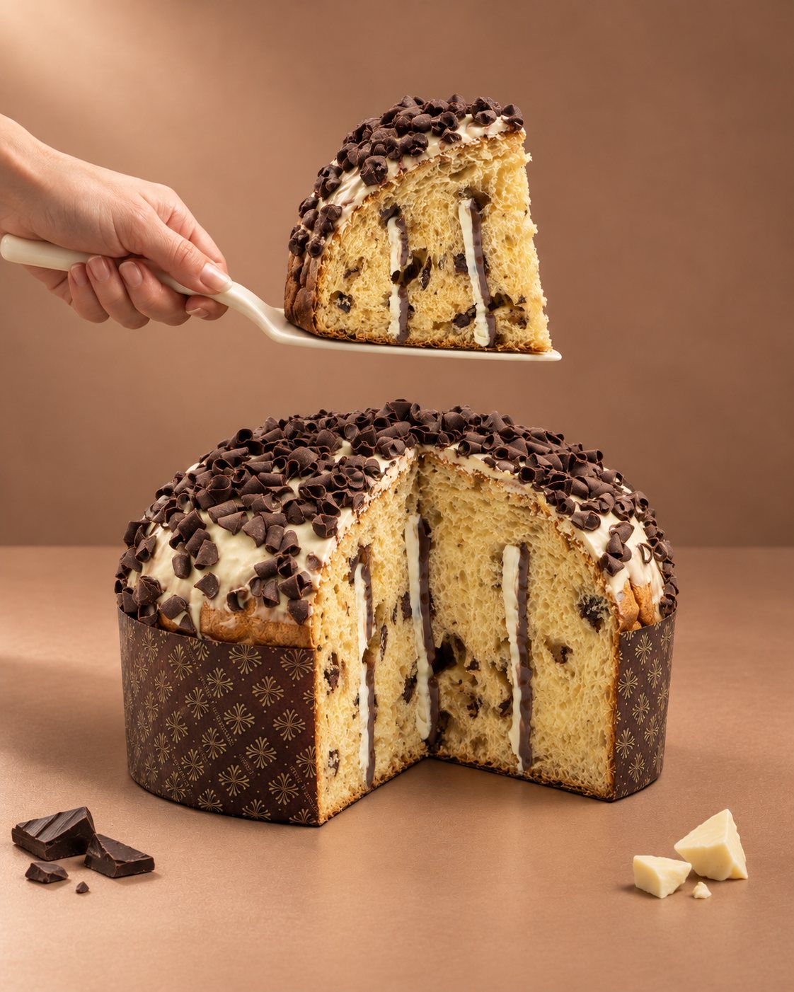 Panettone artigianale cioccolato double con burro di bufala Tenuta Agrilat - la fetta con gli ingredienti