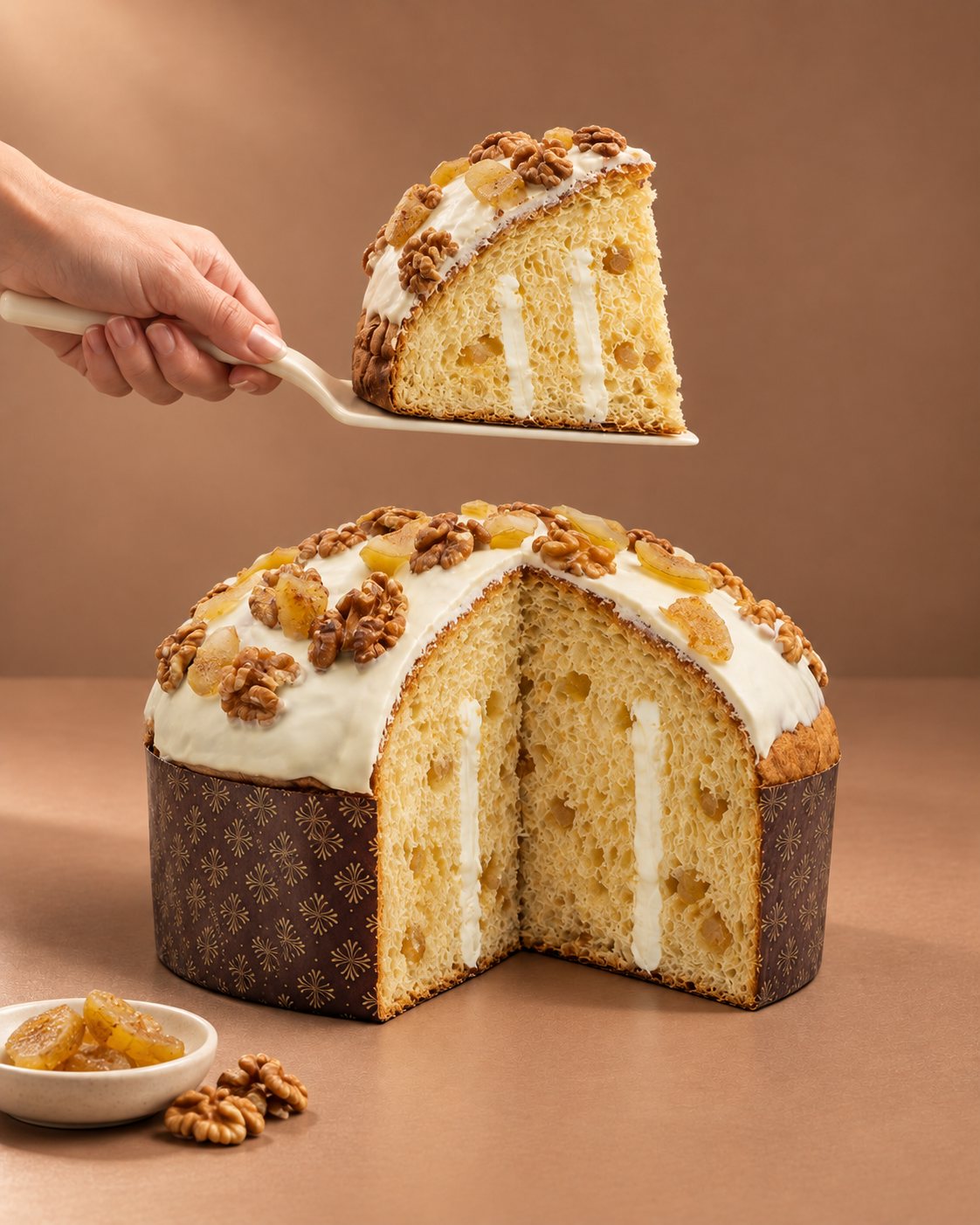 Panettone artigianale fichi e noci con burro di bufala Tenuta Agrilat - la fetta con gli ingredienti
