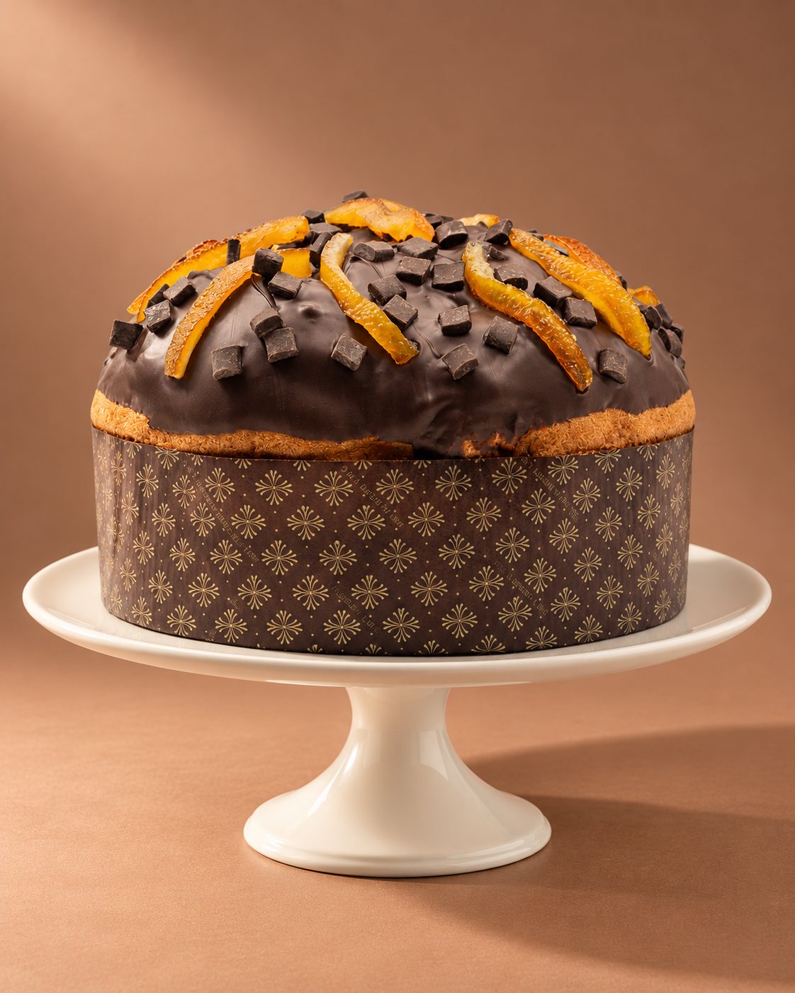 Panettone artigianale fondente arancia e rum con burro di bufala Tenuta Agrilat intero su alzata