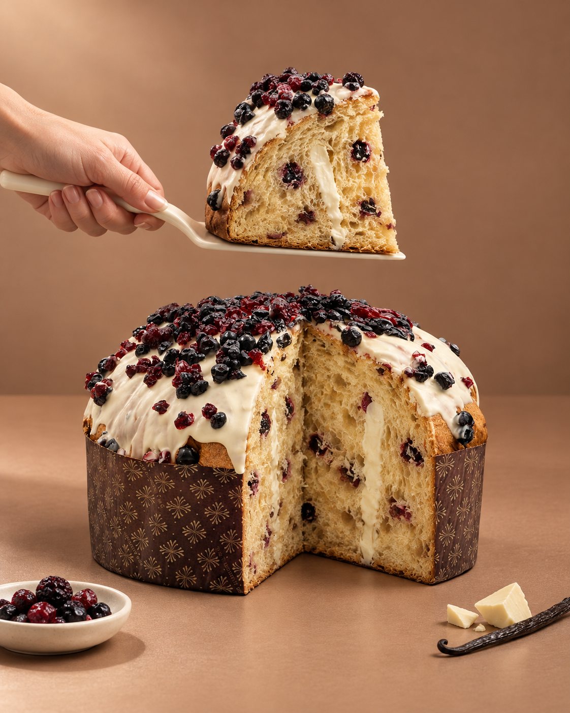 Panettone artigianale ai frutti di bosco con burro di bufala Tenuta Agrilat - la fetta con gli ingredienti
