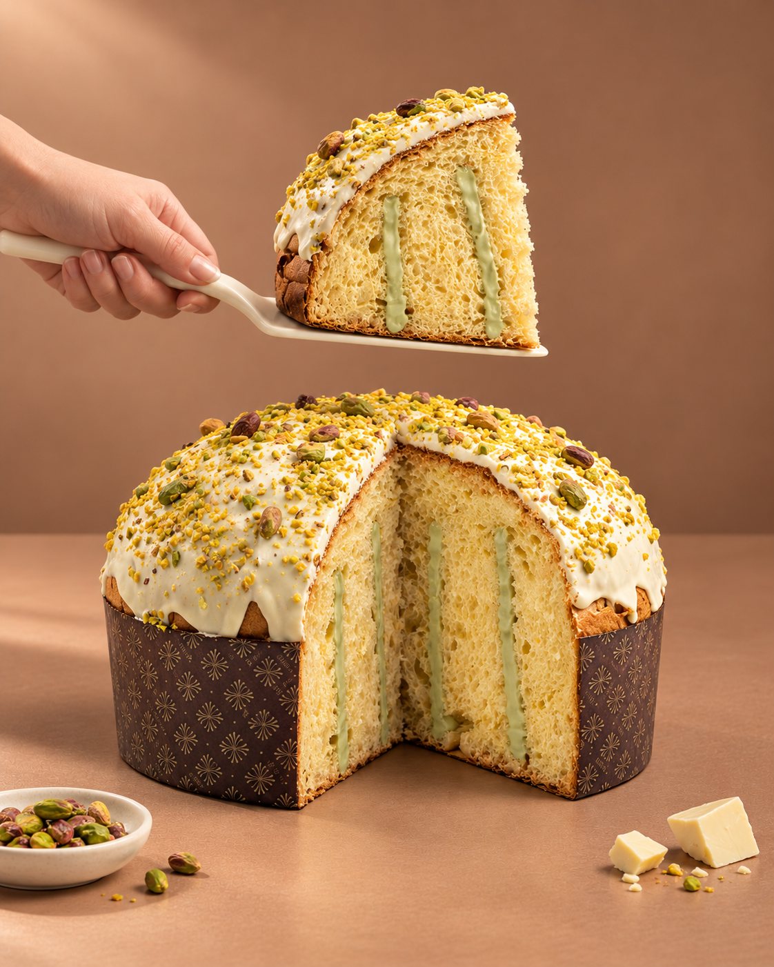 Panettone artigianale al pistacchio con burro di bufala Tenuta Agrilat - la fetta con gli ingredienti